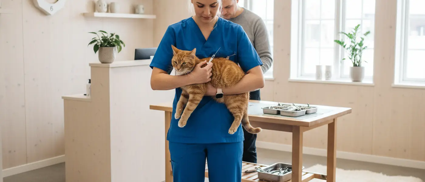 Katt som vaksineres av veterinær på en uavhengig dyreklinikk i Norge