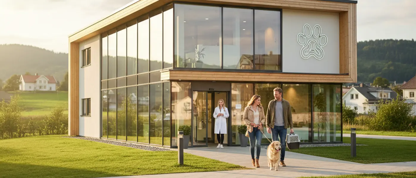 Norsk veterinær undersøker en golden retriever på undersøkelsesbord i en moderne dyreklinikk