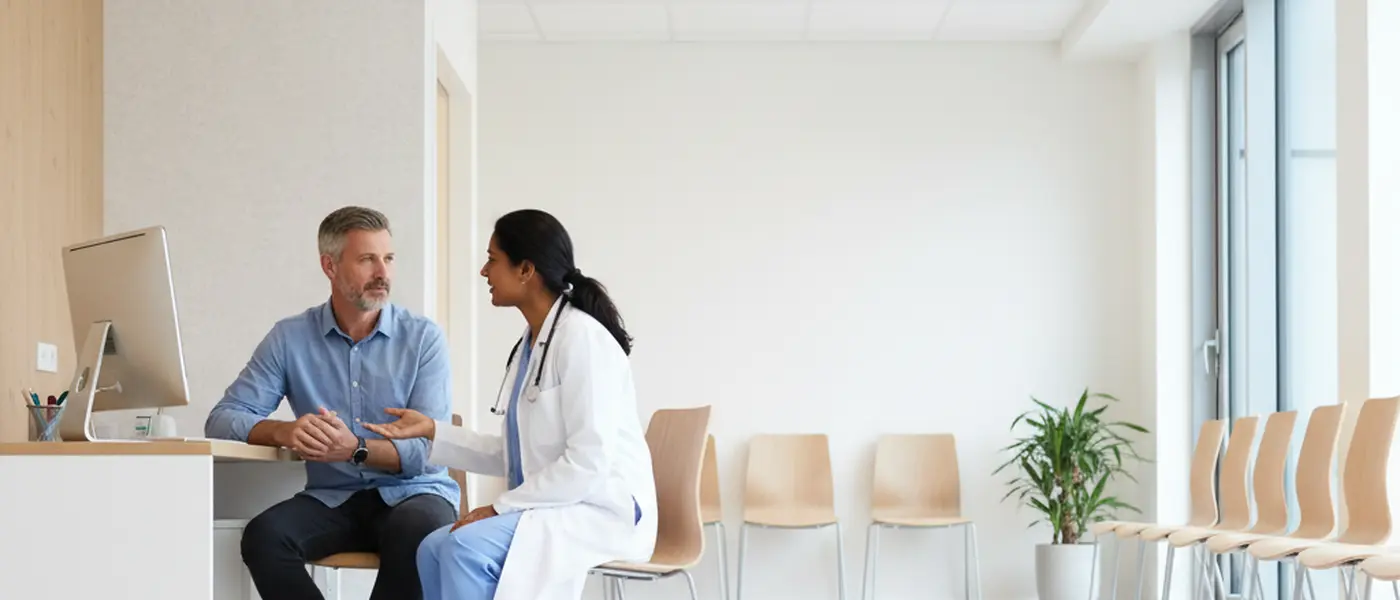 British man in his 50s during a medical consultation at a UK GP surgery