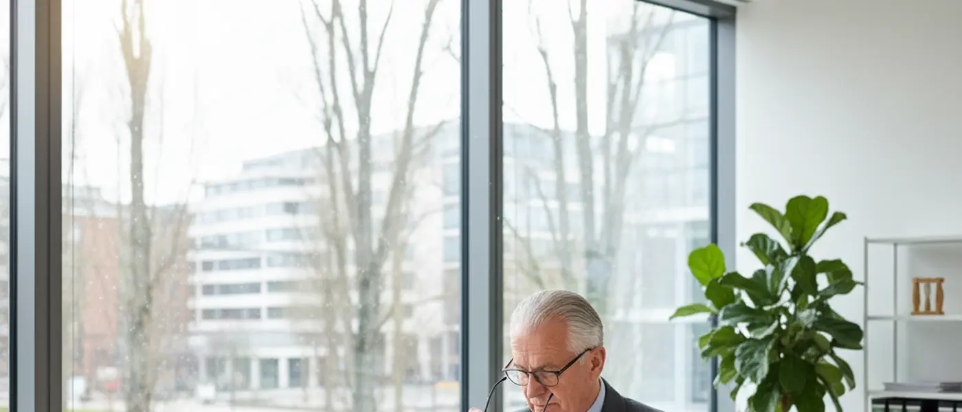 Äldre man i kostym granskar juridiska dokument på ett kontor i Sverige