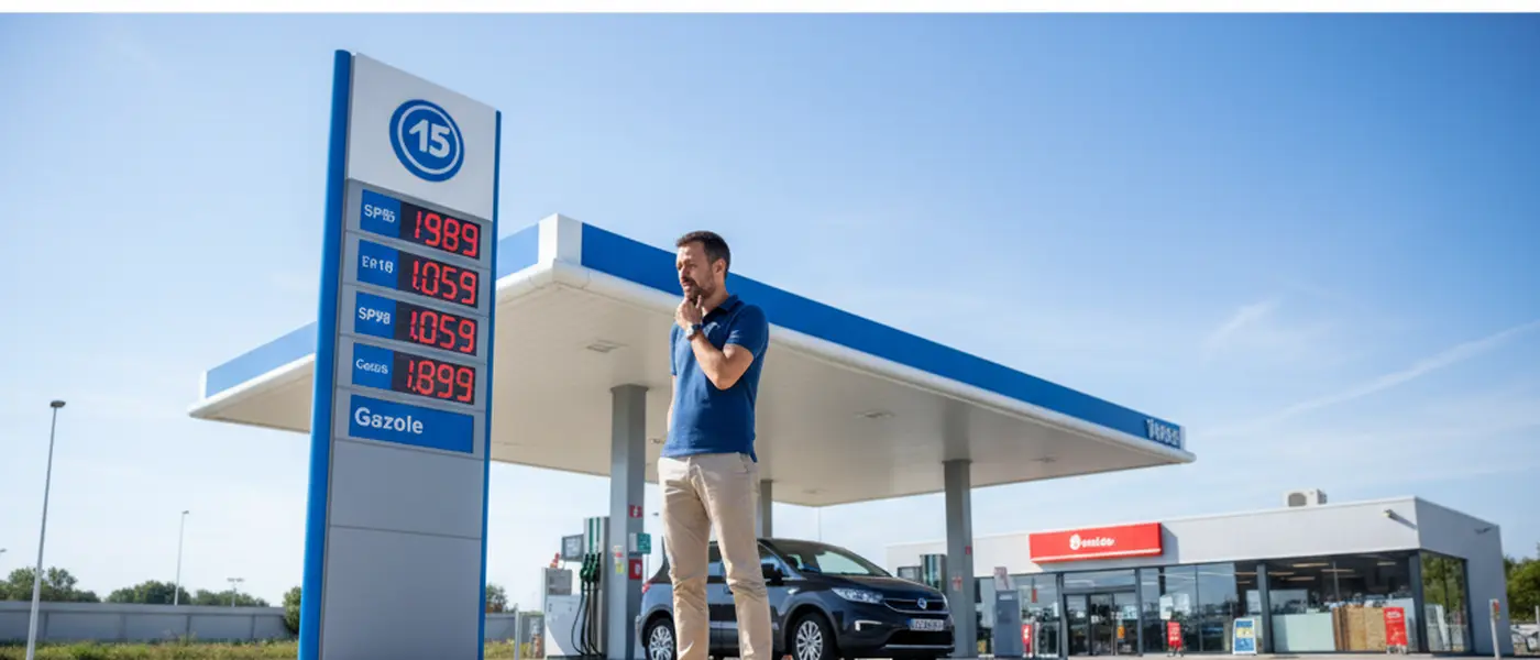 Consommateur vérifiant le prix du carburant à une station-service E.Leclerc
