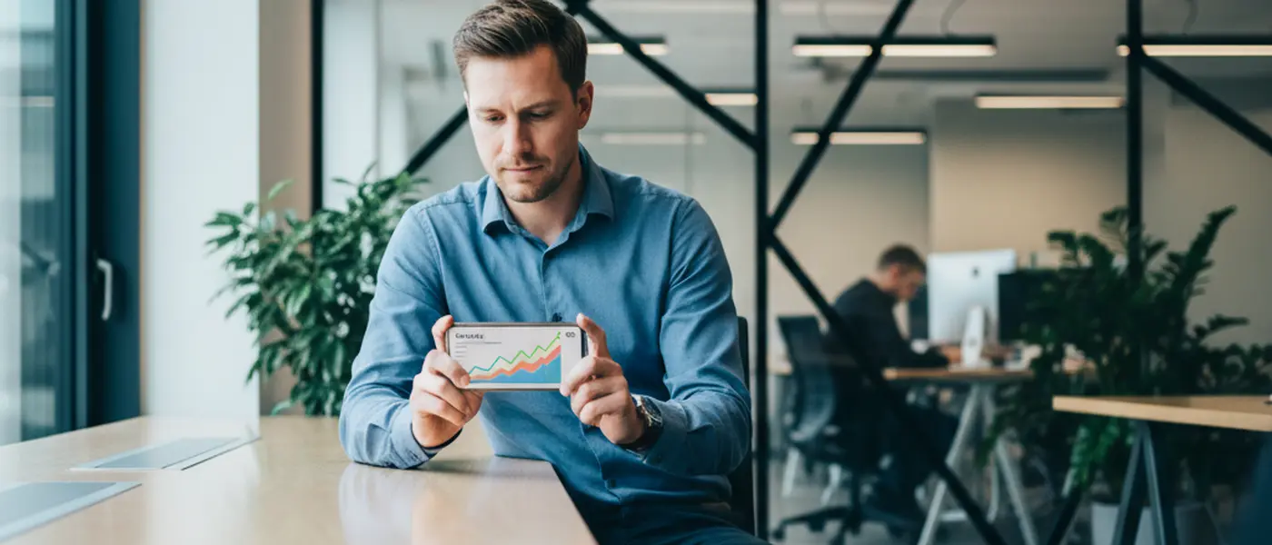 Persoon bekijkt beleggingsresultaten op een mobiele banking-app in een modern kantoor