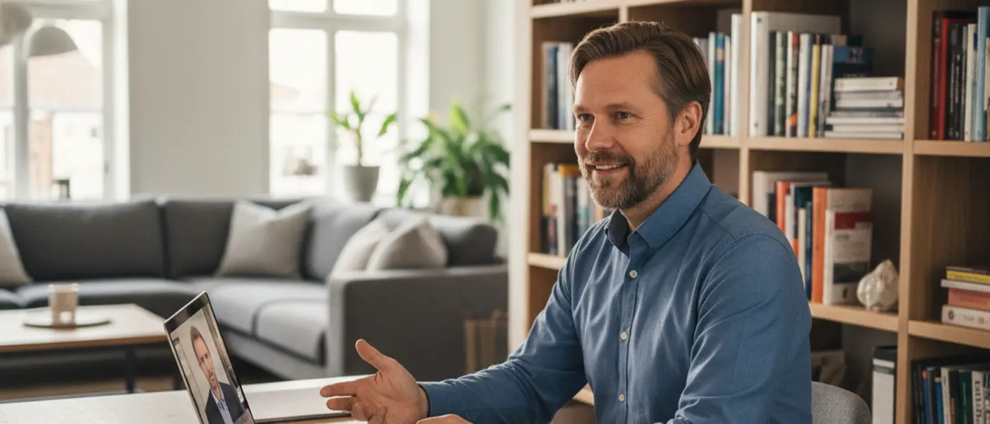 Man vid laptop i hemmakontor under videosamtal med en ekonomisk rådgivare, anteckningsblock och penna på skrivbordet