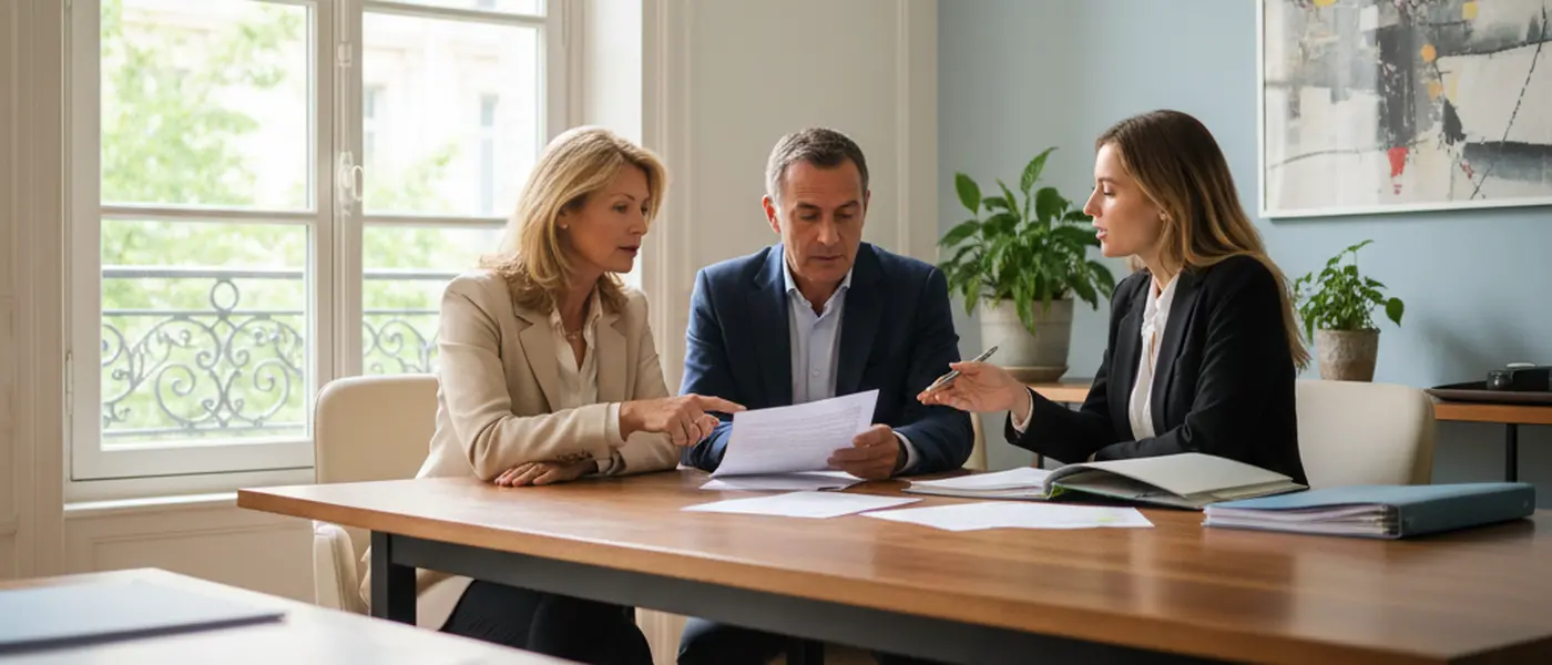 Couple français consultant un avocat spécialisé en succession dans un bureau avec des documents juridiques