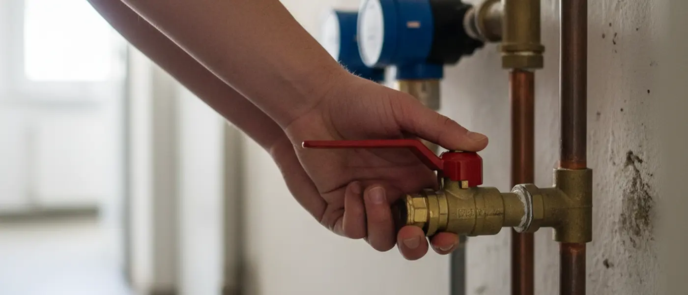Mains tournant le robinet d'arrêt d'eau général dans un placard technique d'appartement français