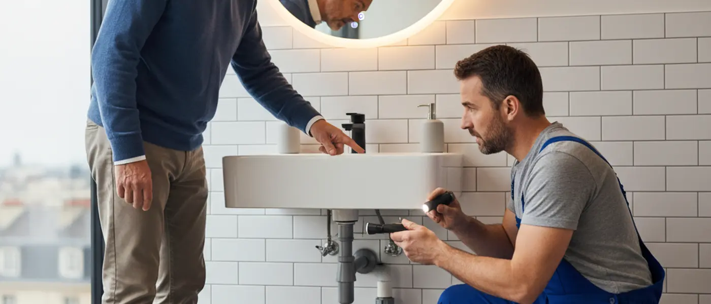 Propriétaire et plombier examinant une fuite sous un lavabo de salle de bain dans un appartement français