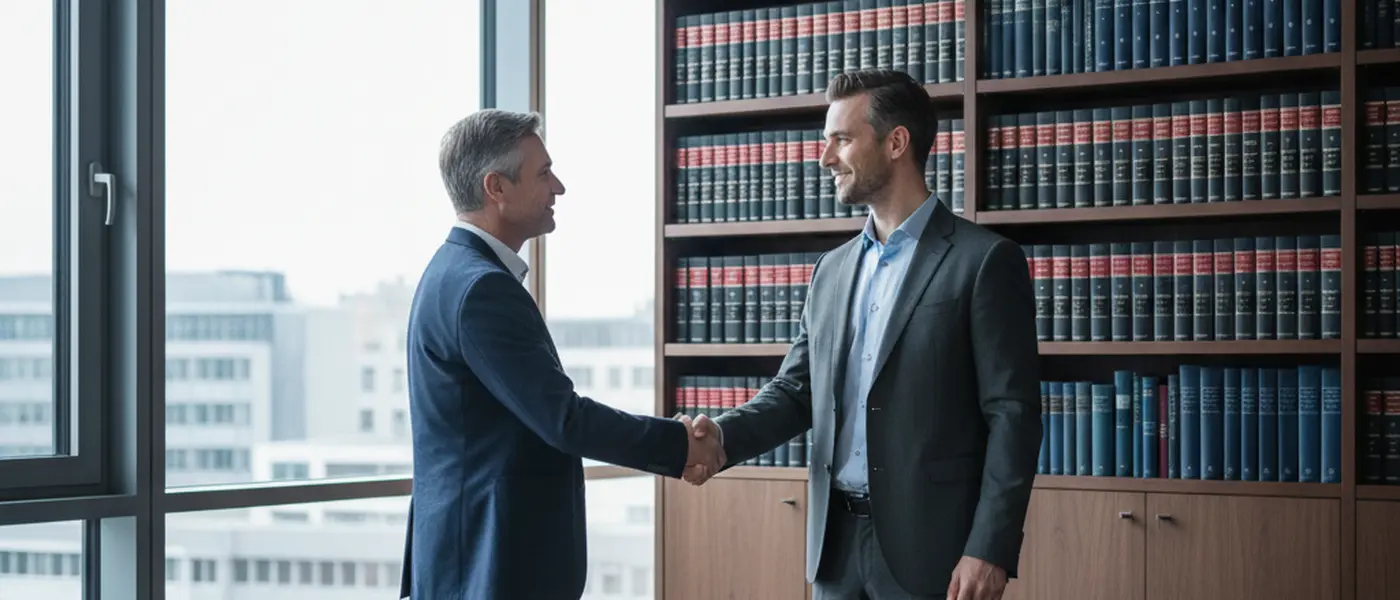 Fachanwältin für Familienrecht begrüßt einen Mandanten in einer modernen deutschen Kanzlei