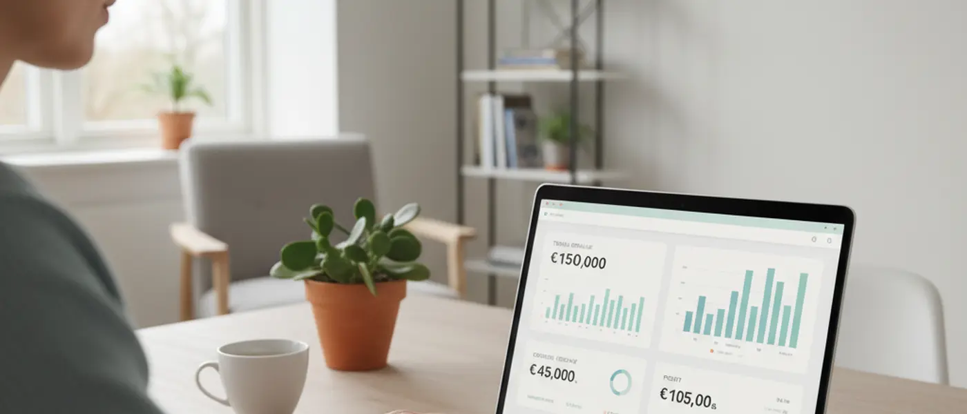 Nærbilde av hender som arbeider med regnskapsprogram på bærbar datamaskin ved et skandinavisk skrivebord