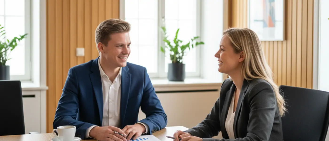 Norsk bedriftseier og regnskapsfører som gjennomgår økonomiske rapporter sammen ved et møtebord
