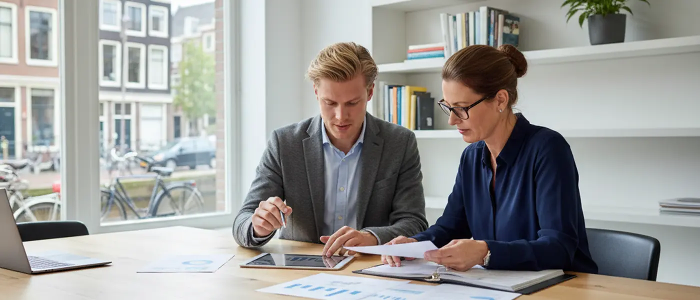 Nederlandse ondernemer bespreekt boekhoudgegevens met een professionele boekhouder in een modern kantoor