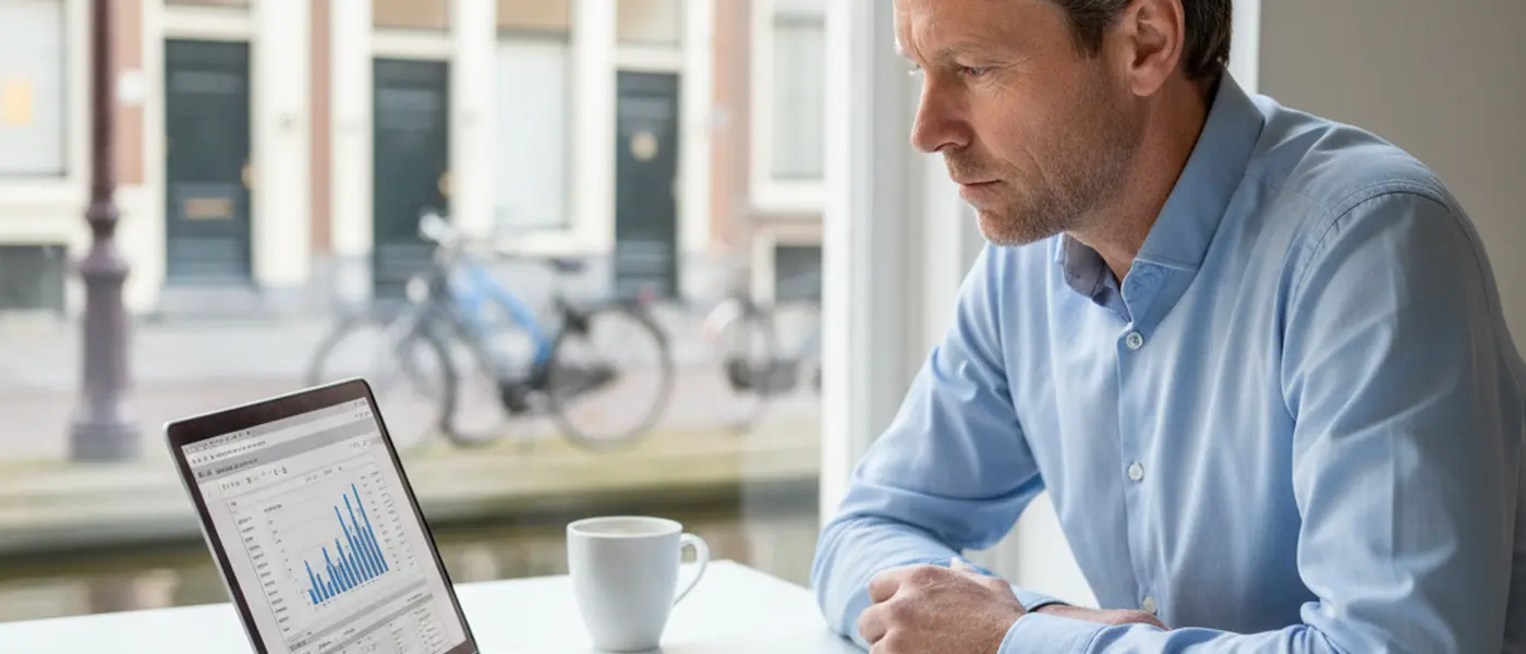 Eenmanszaak-ondernemer die belastingaangifte invult op een laptop met rekenmachine en financiële documenten op bureau
