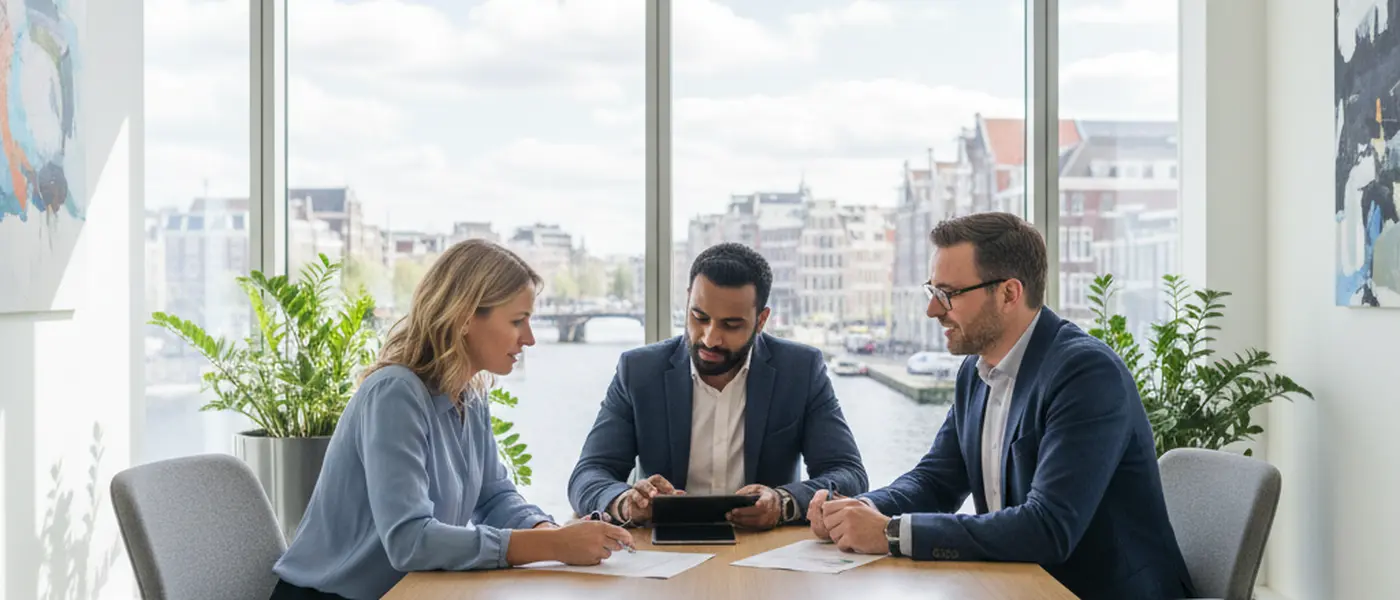Nederlandse ondernemer doet boekhouding aan een bureau in een licht thuiskantoor met laptop en facturen