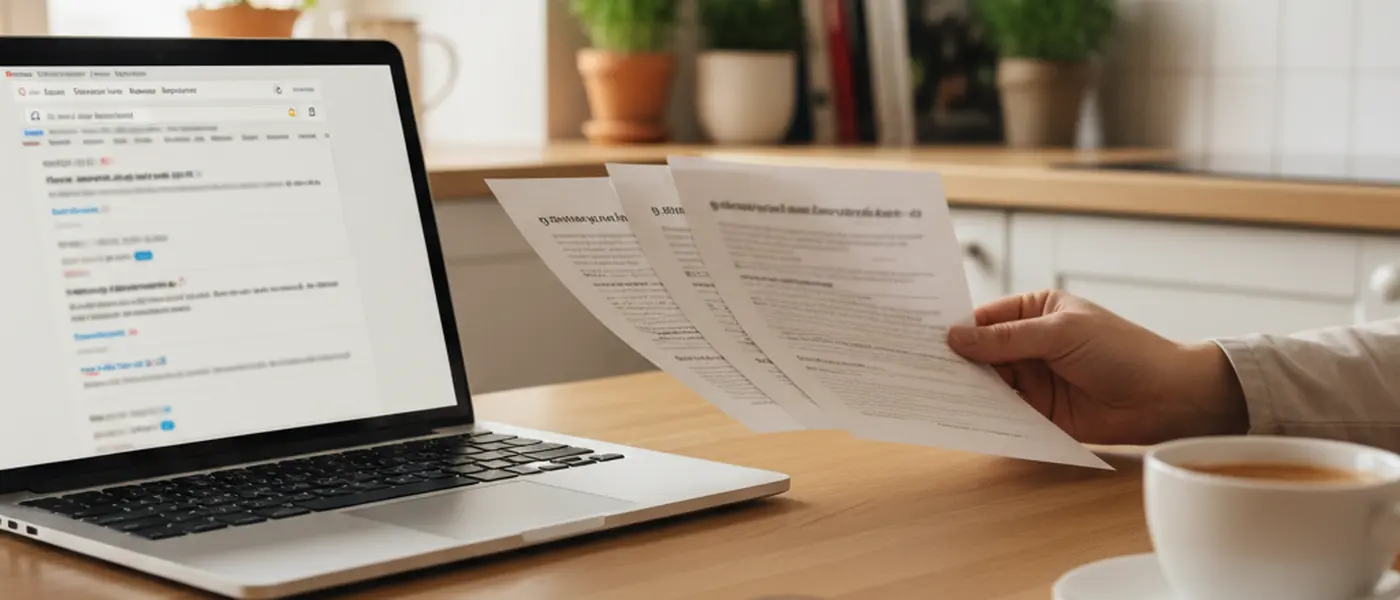 Particulier comparant des devis d'électriciens sur une table de cuisine avec un ordinateur portable