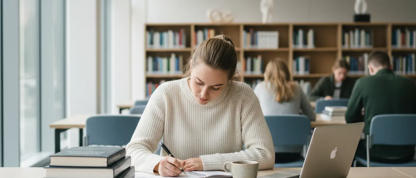 Svensk universitetsstudent studerar ekonomiböcker vid ett skrivbord i en skandinavisk biblioteksmiljö