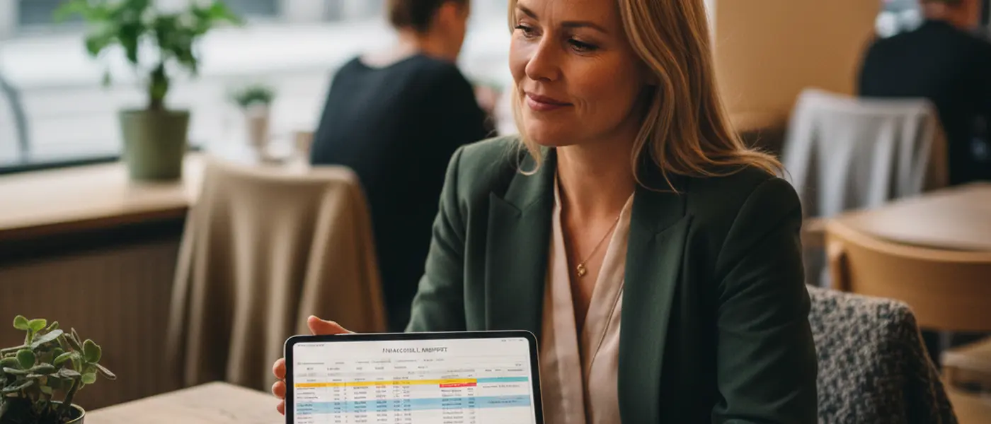 Svensk småföretagare granskar ekonomiska rapporter på en surfplatta i ett café