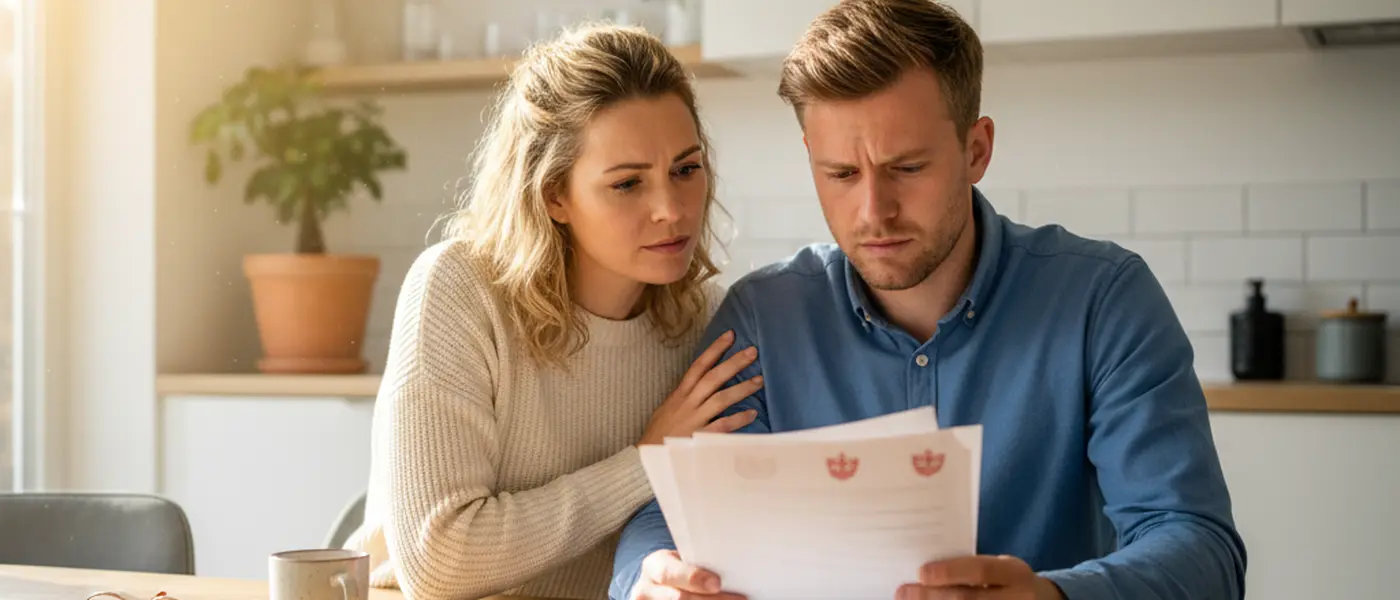 Stel dat bezorgd huurdocumenten bekijkt aan de keukentafel in een Nederlandse rijwoning