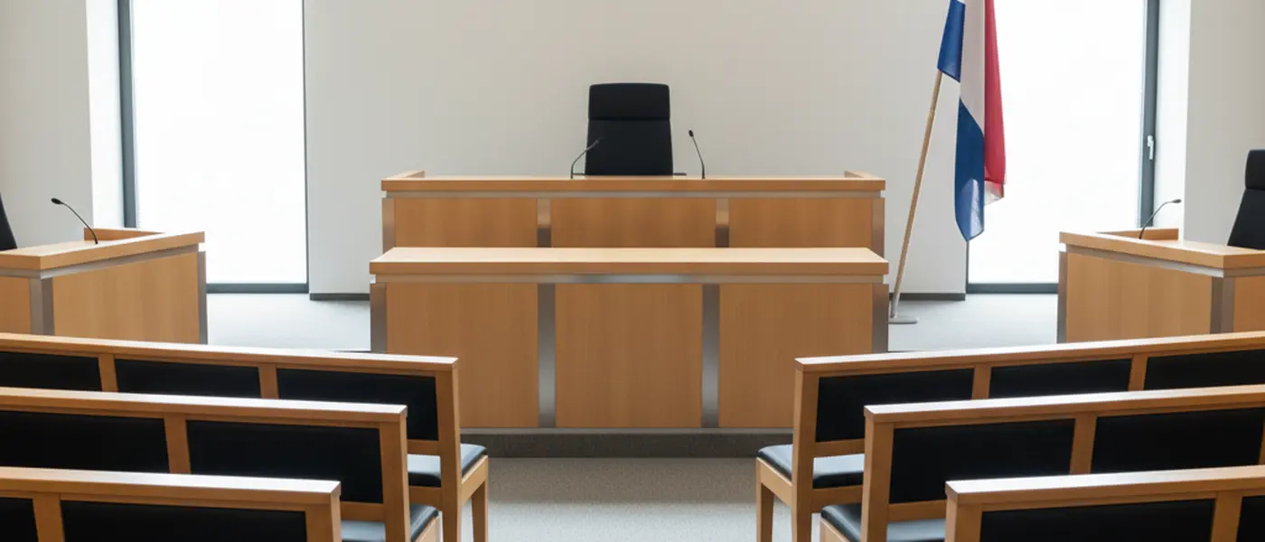 Interieur van een Nederlandse rechtszaal met houten banken en juridisch podium