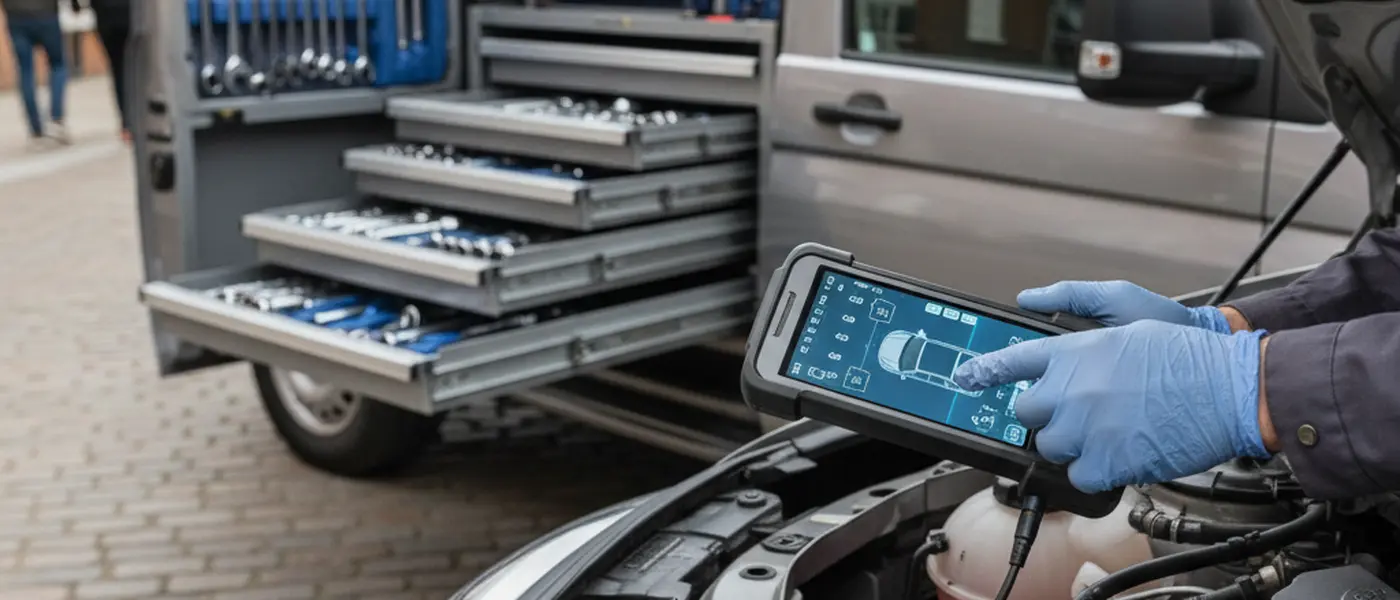 Mobile mechanic using a diagnostic OBD scanner on a car engine in a UK residential street