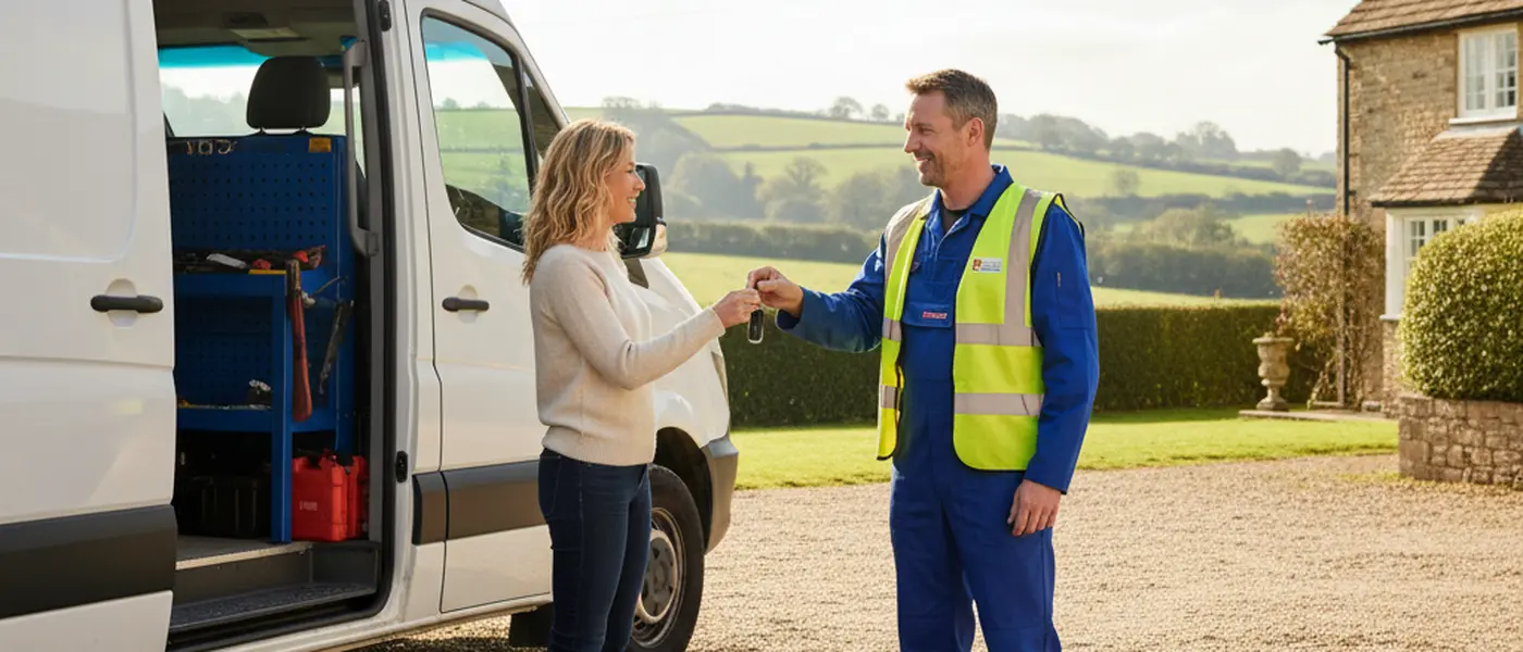 Customer handing car keys to a mobile mechanic beside a service van on a gravel driveway in rural England