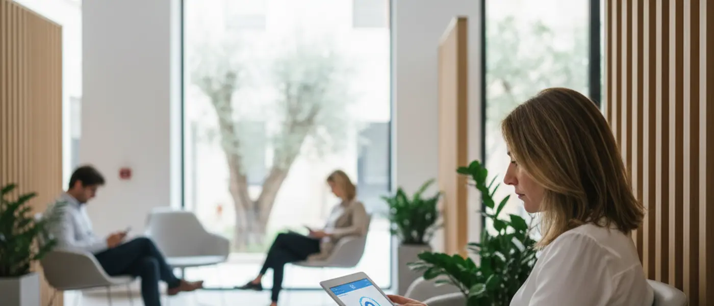 Paziente che consulta il fascicolo sanitario elettronico su un tablet nella sala d'attesa di una clinica italiana