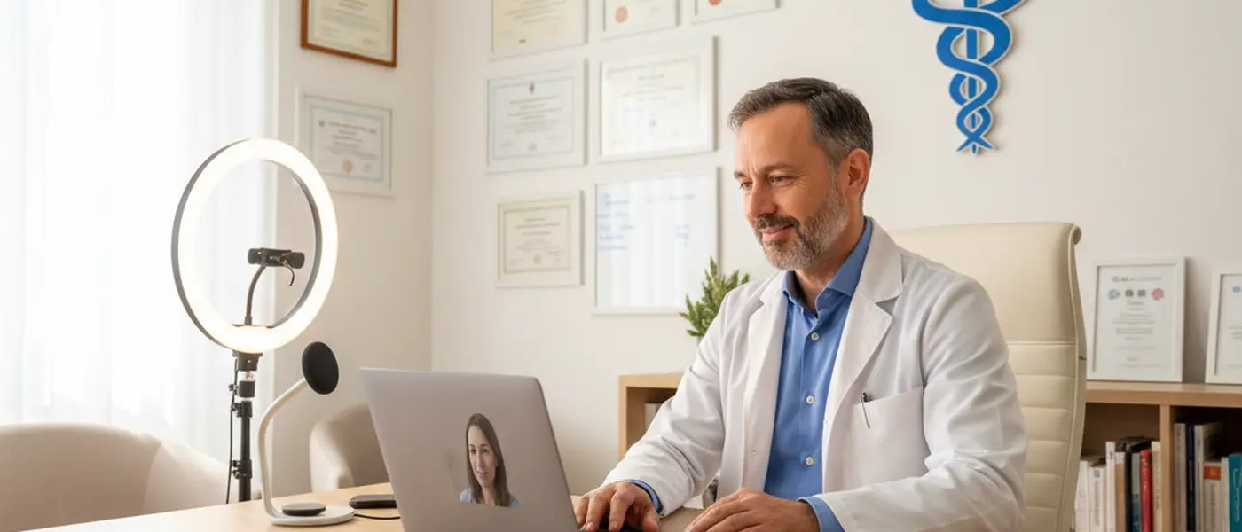 Medico italiano che effettua un teleconsulto con un paziente sullo schermo di un laptop