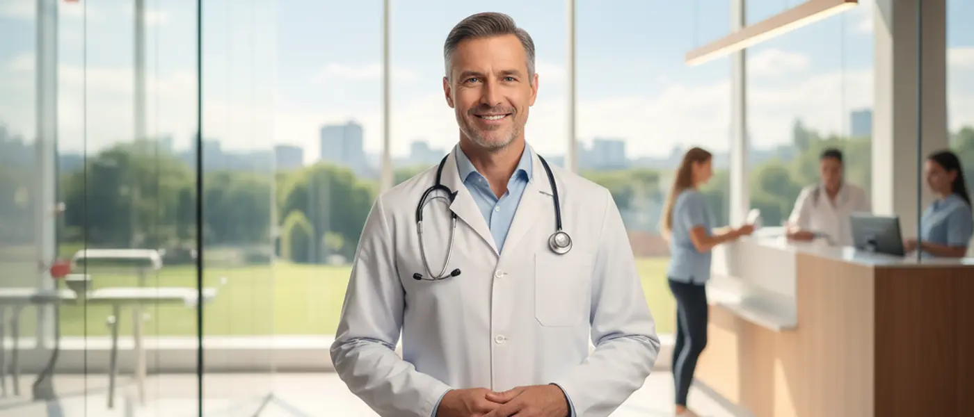 Medico italiano in camice bianco che consulta un paziente in uno studio medico moderno