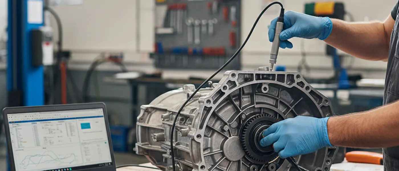 Technician using diagnostic equipment on an exposed transmission unit in a UK garage workshop