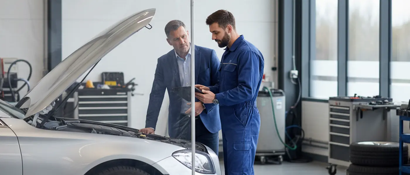 Customer and mechanic discussing a repair estimate beside a car in a modern British workshop
