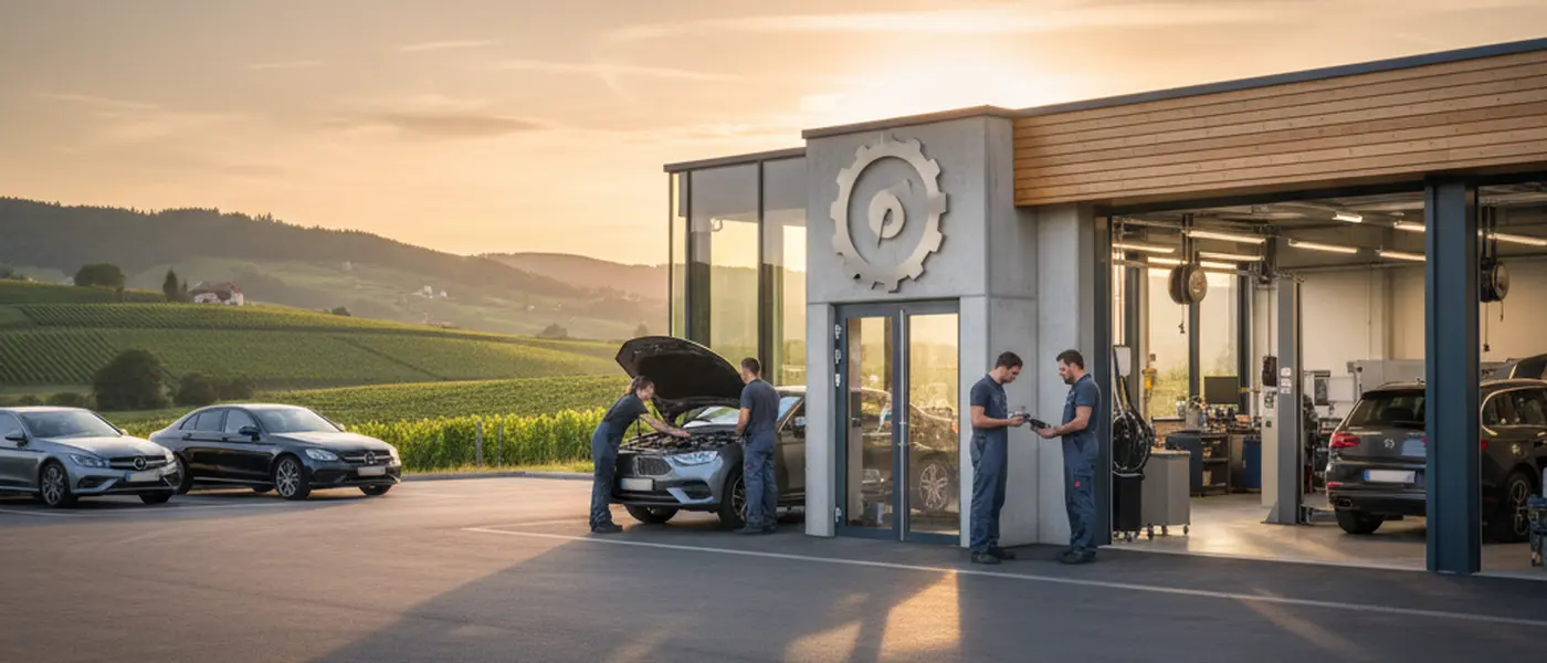 British mechanic inspecting an automatic gearbox on a hydraulic lift in an independent garage workshop