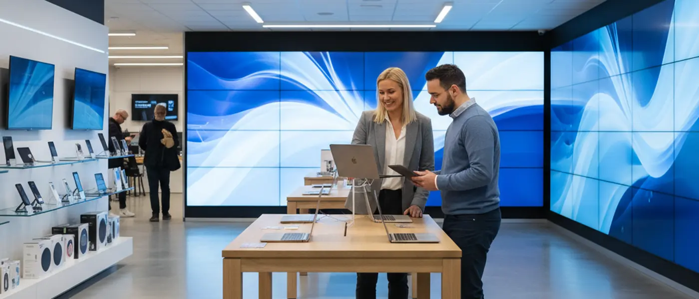 Kunde som tester en bærbar PC i en norsk elektronikkbutikk med LED-skjermer i bakgrunnen