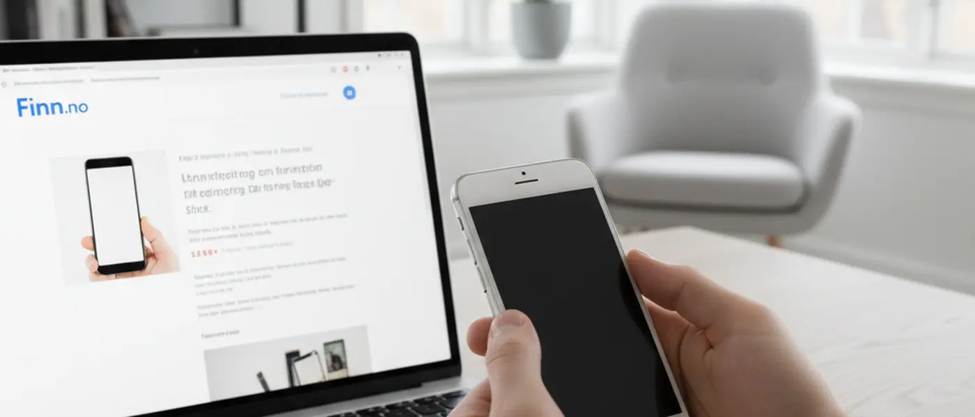 Hender som inspiserer en brukt smarttelefon ved et skrivebord med Finn.no-annonse på skjermen