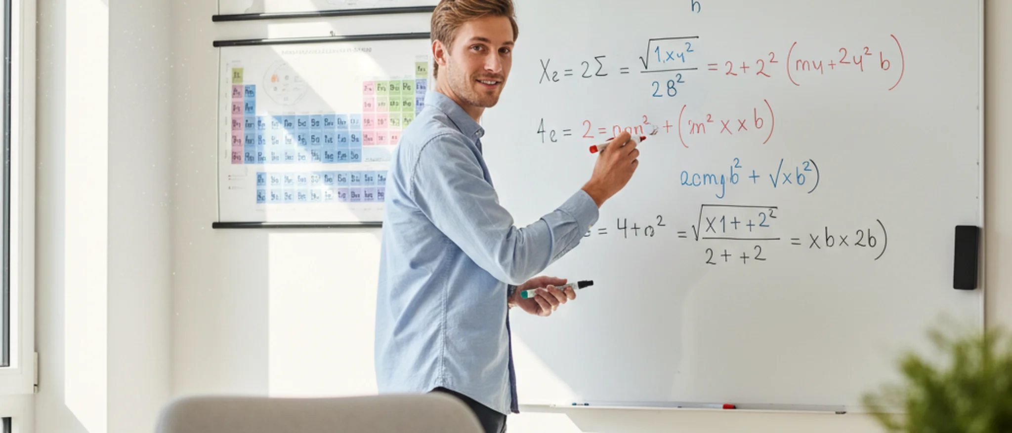 Nachhilfelehrer erklärt Matheaufgaben an einem Whiteboard in einem hellen Lernraum