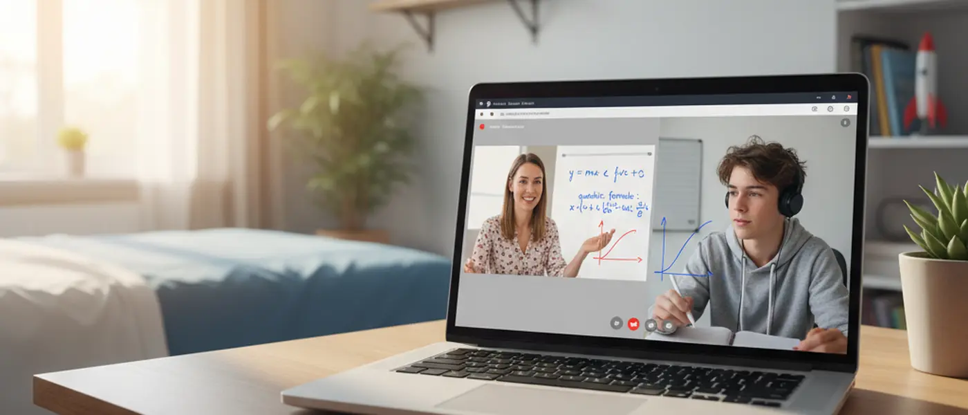 Laptop showing an online maths tutoring session with equations on a digital whiteboard