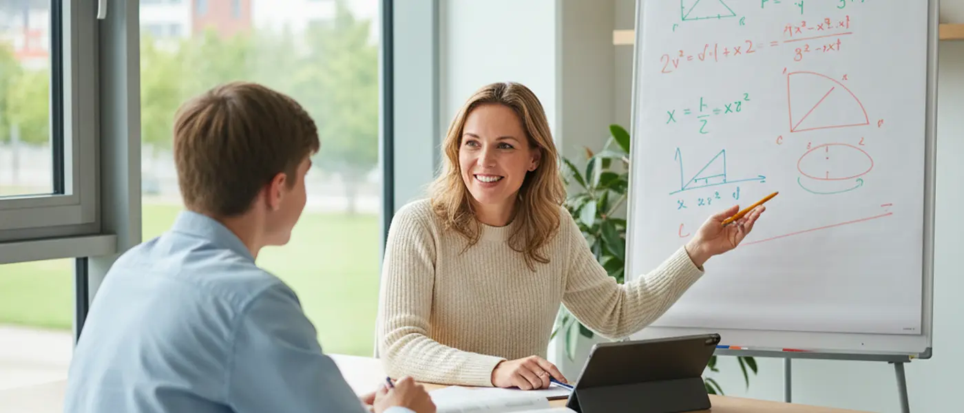 A young student and maths tutor working together at a desk with exercise books and a calculator