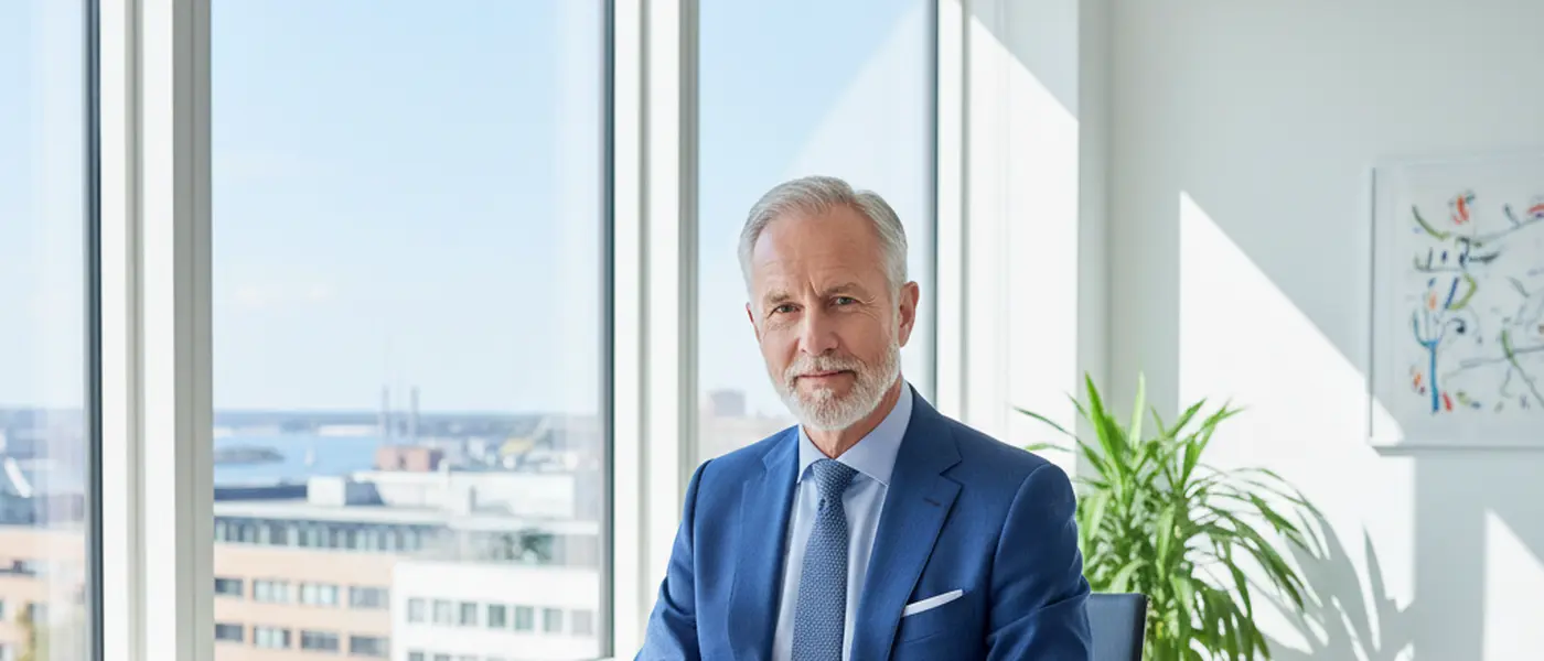 En äldre svensk man granskar finansiella dokument på ett modernt kontor