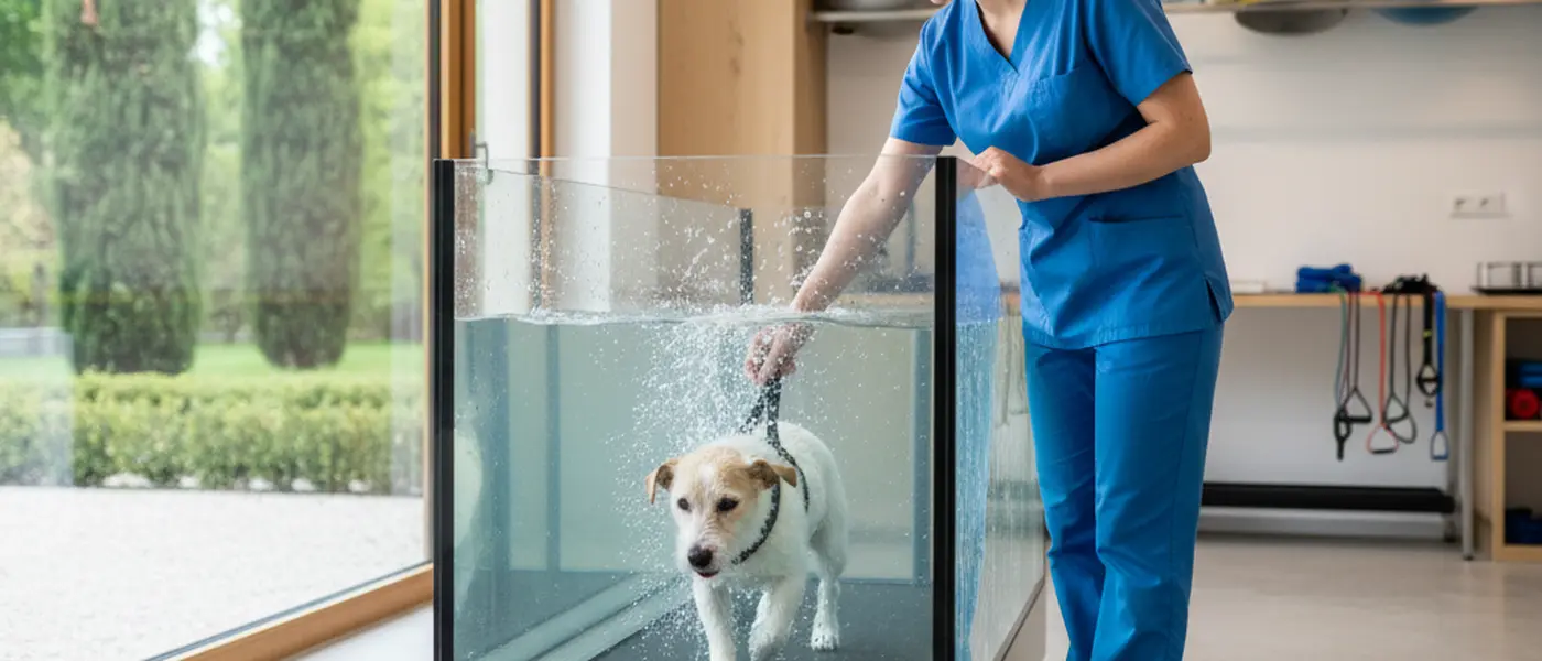 Hund på undervattenslöpband under rehabiliteringsträning på veterinärklinik