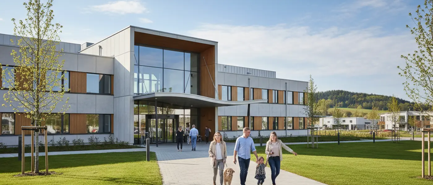 Veterinär undersöker en golden retriever på undersökningsbord i modernt svenskt djursjukhus