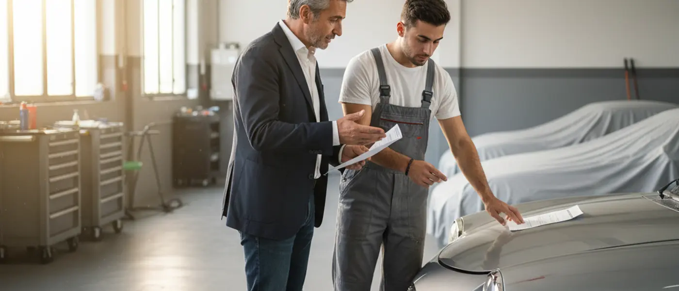 Carrozziere italiano che ispeziona i danni sulla carrozzeria di un'auto in un'officina professionale