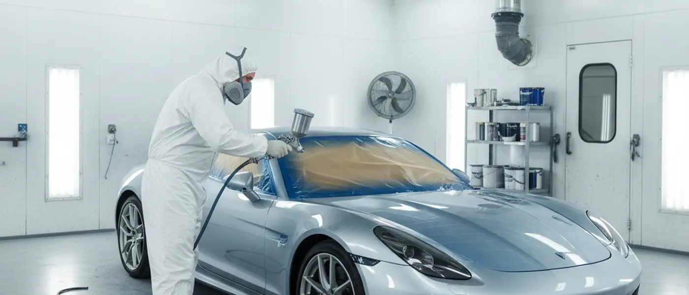 Tecnico carrozziere in tuta protettiva vernicia una portiera d'auto in cabina di verniciatura professionale