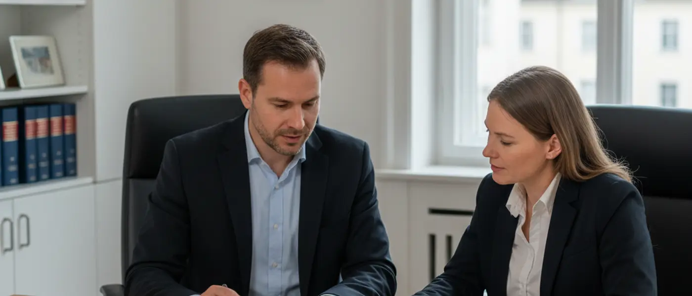 Steuerberater prüft Finanzdokumente mit einem Mandanten an einem Schreibtisch in einem deutschen Büro