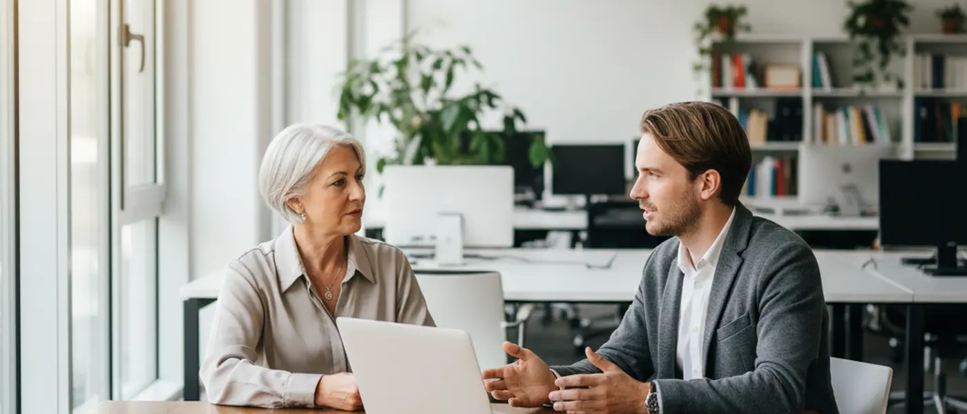 Junge Fachkraft im Karrieregespräch mit einem Berater in einem modernen Coworking-Space
