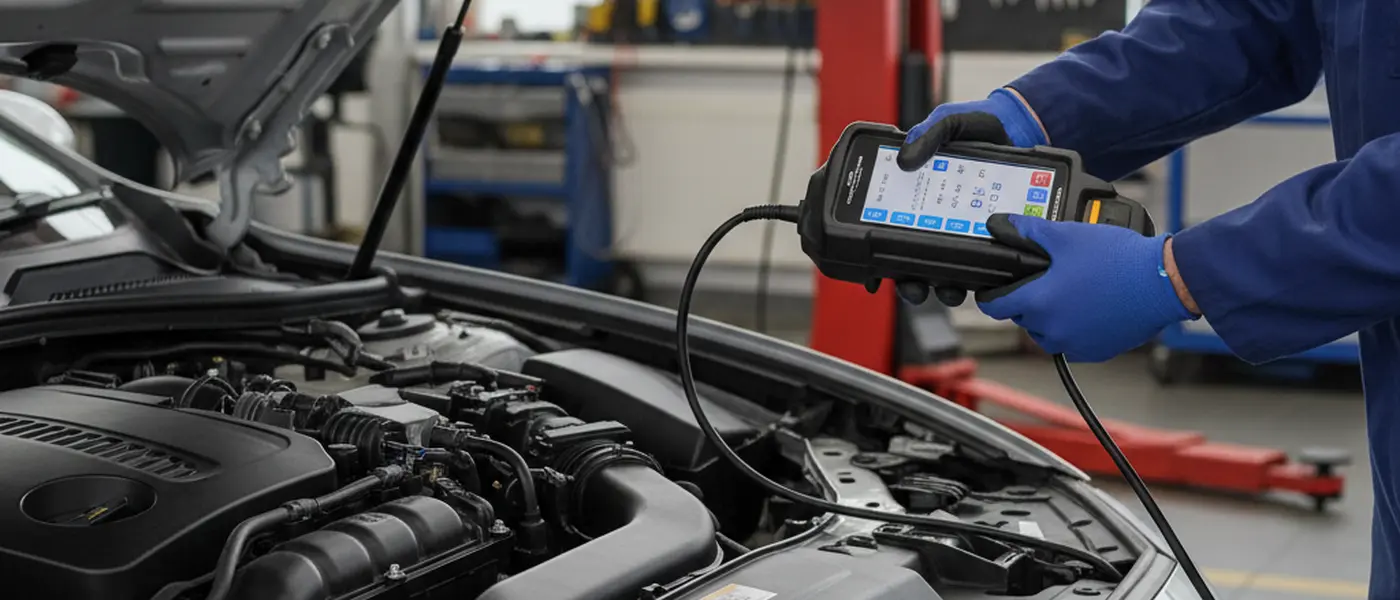 Mécanicien utilisant un outil de diagnostic électronique sur le moteur d'une voiture moderne