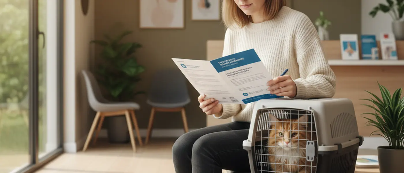 Pet owner reviewing insurance paperwork in a veterinary clinic waiting room with a cat carrier