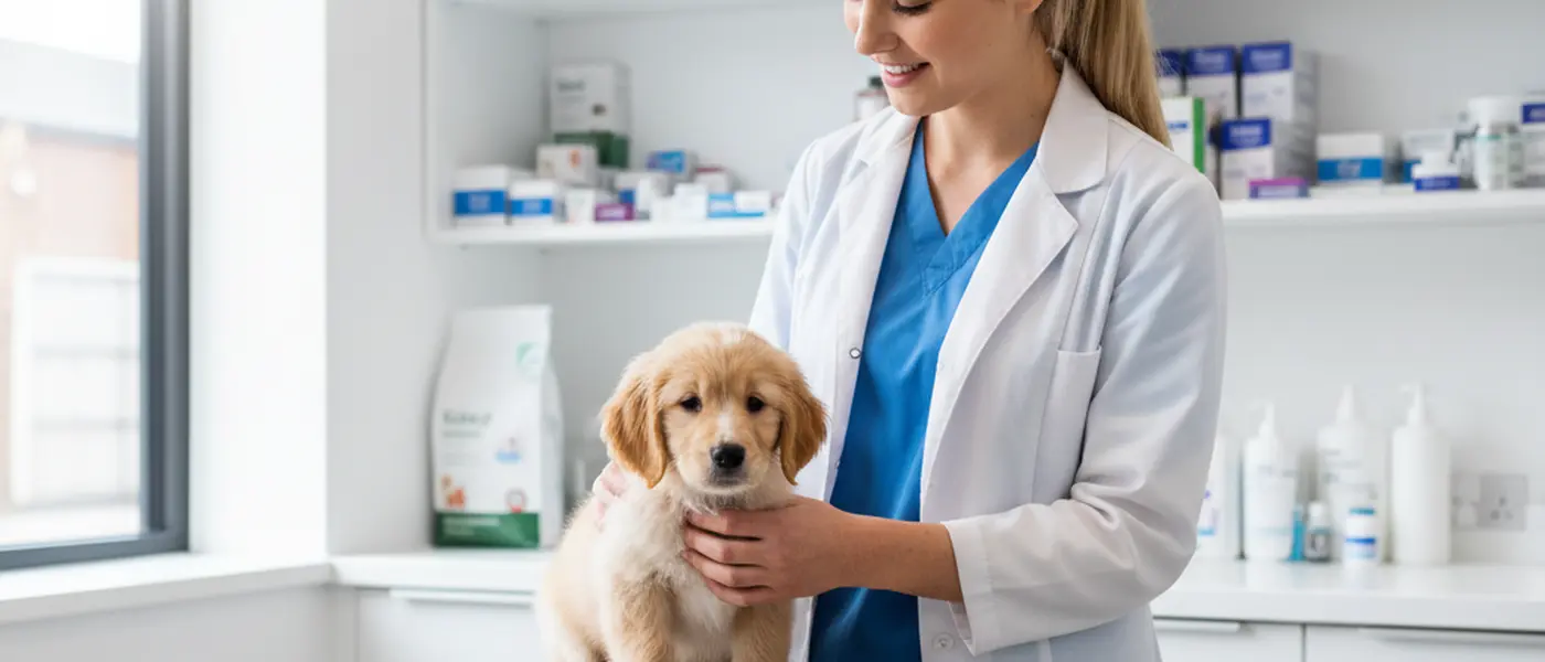 Veterinary nurse weighing a puppy on a digital scale in a British veterinary practice