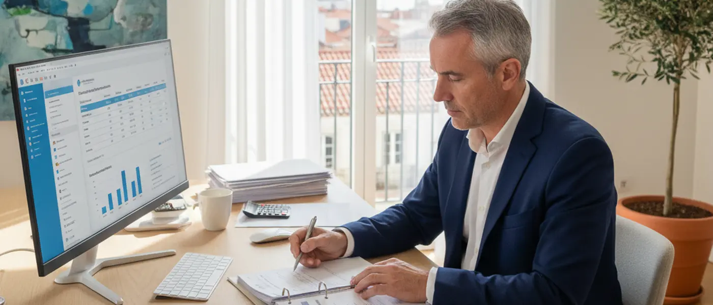 Contabilista certificado a analisar documentos fiscais de uma empresa num escritório profissional em Portugal