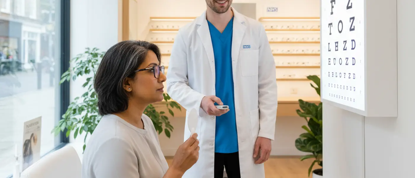 Patient reading an eye test chart during a sight test at a British high-street optician