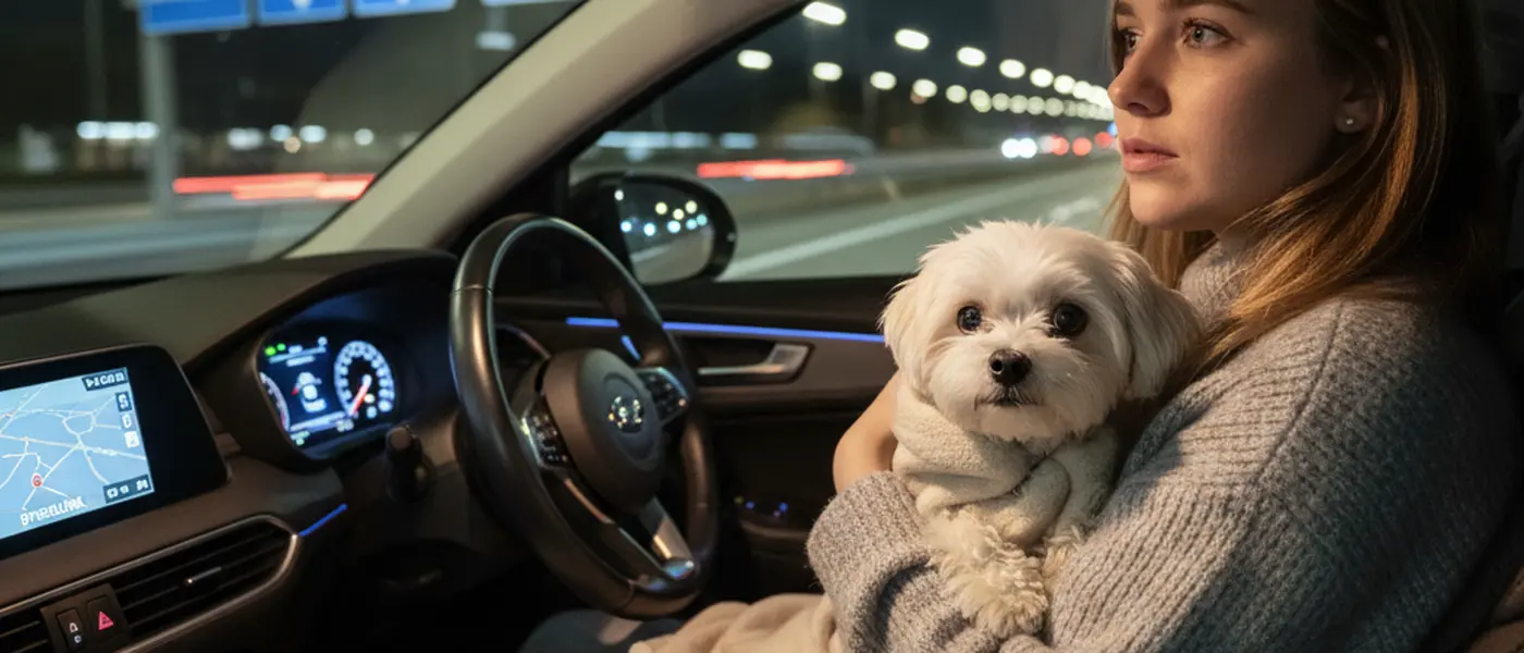 Kvinde kører med sin lille hund indpakket i et tæppe på vej til akut dyrlæge om natten