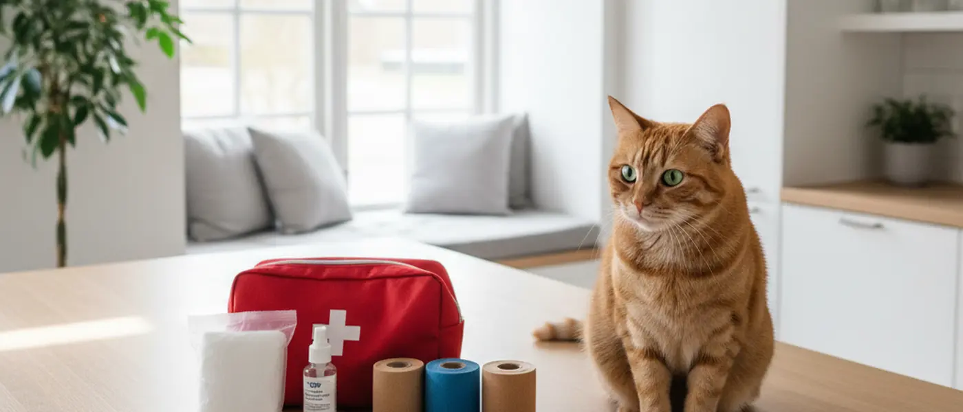 Førstehjælpskasse til kæledyr med gazstykker, bandager og termometer på et køkkenbord