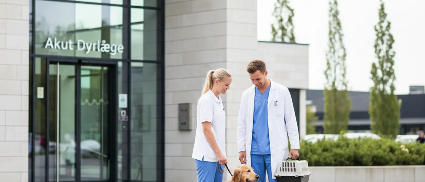 Dyrlæge undersøger en golden retriever på en behandlingsbord i en moderne dansk klinik
