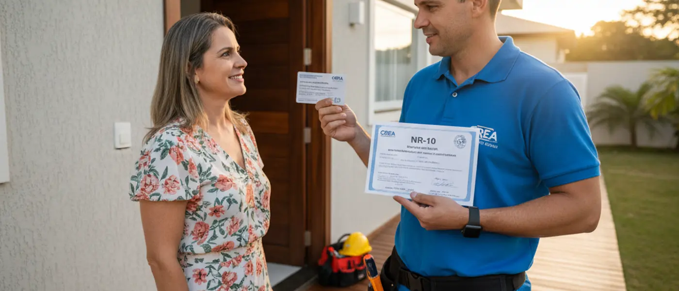 Eletricista certificado apresentando registro profissional e certificado NR-10 a proprietário de imóvel